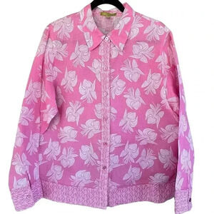 SIGRID OLSEN women linen floral print shirt button Up pink Size L long sleeve